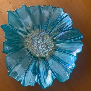 Glass Blue Iridescent Flower Dish
